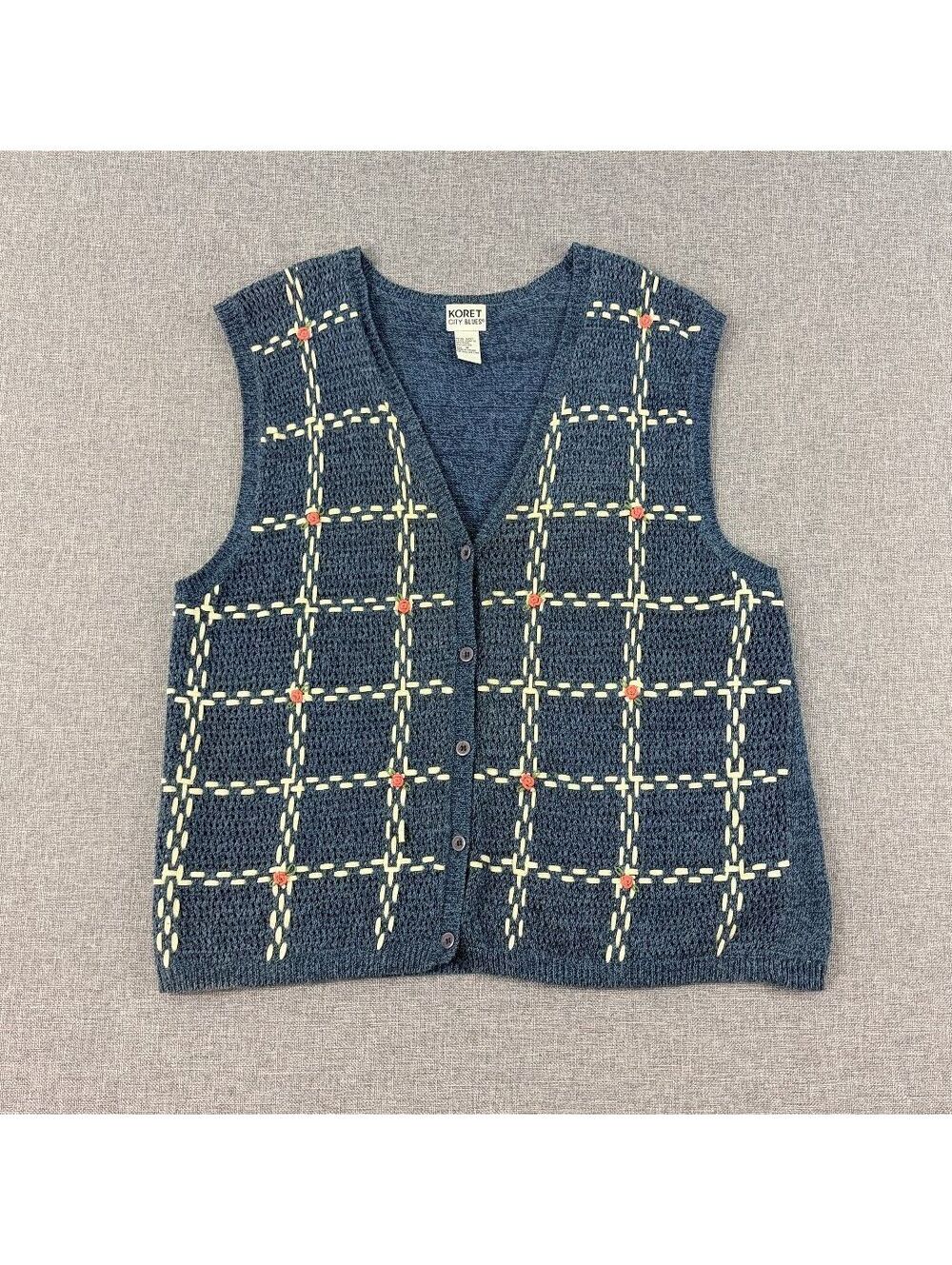 VTG Koret City Blues 1X/XL Blue Woven Ribbon Raised Rose Open Knit Sweater Vest